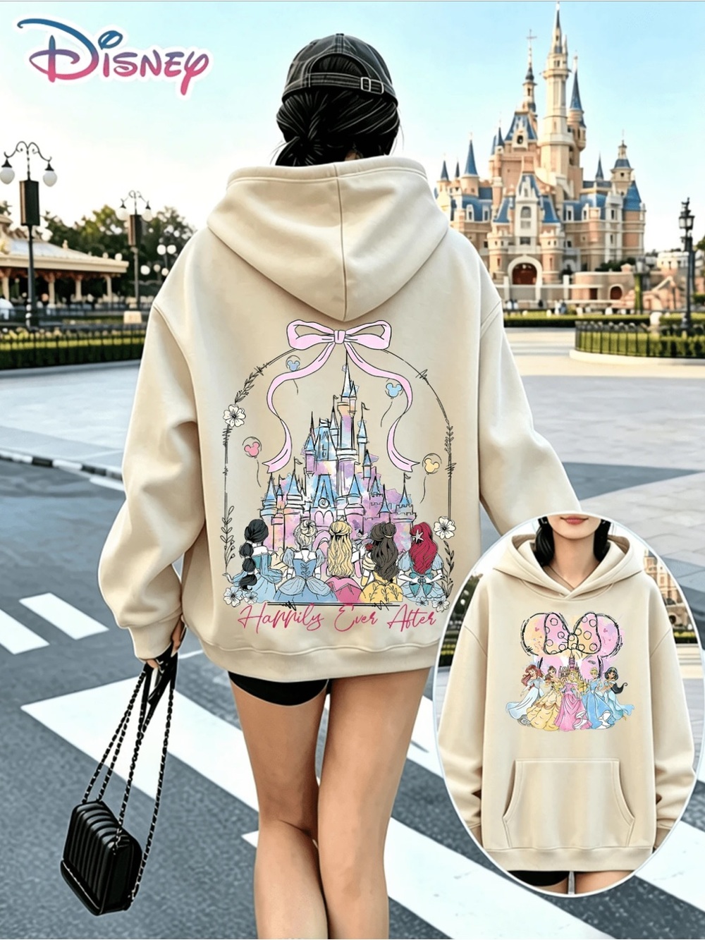 Disney Princess Castle Pink Bow Floral Printed Hoodie With "Happily Ever After"